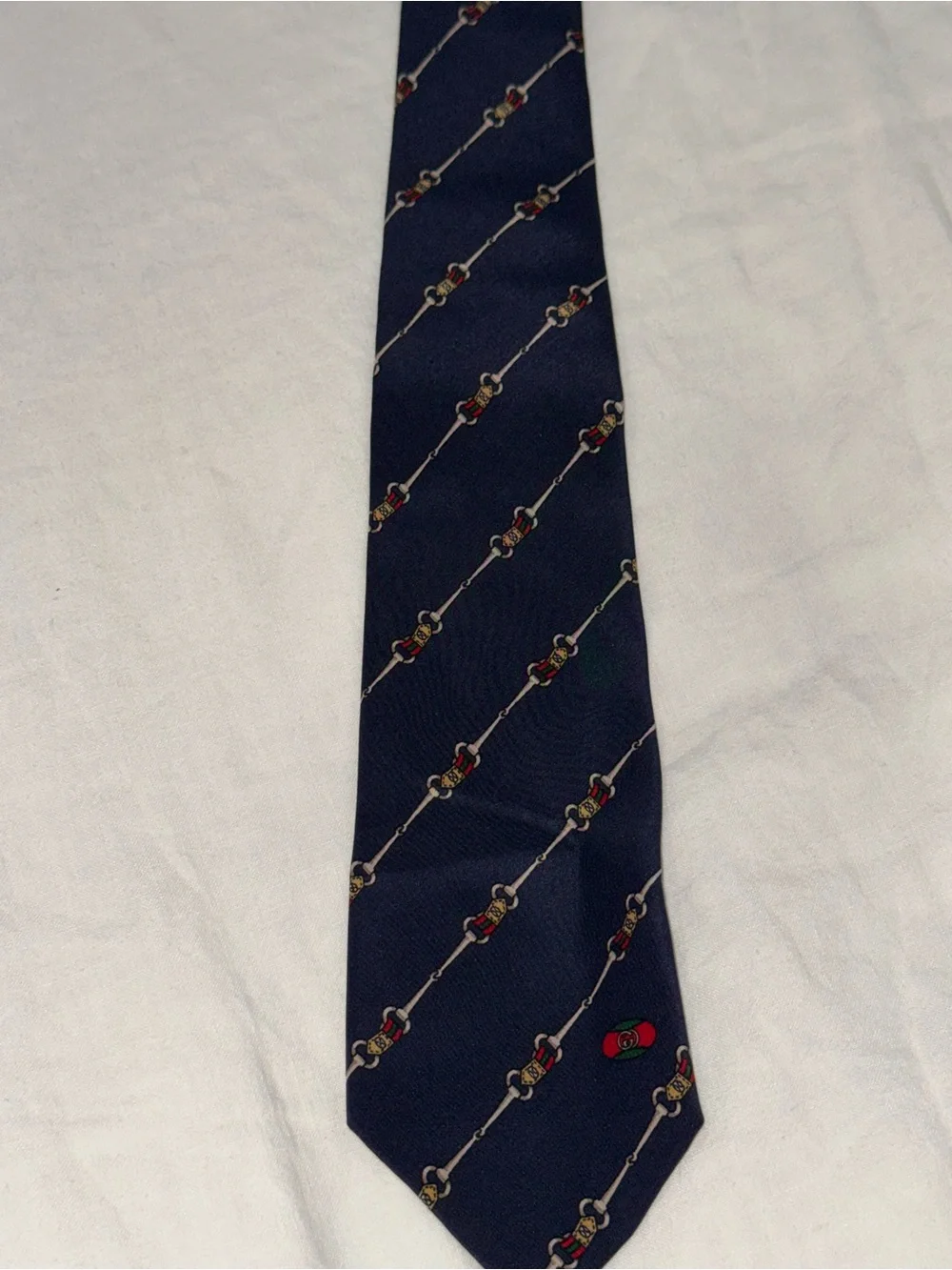 Vintage Gucci silk horsebit equestrian iconic striped Blue Tie